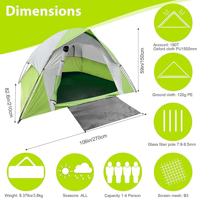 4 Person Dome Camping Tent, Double Layer Waterproof, Removable Rain Fly, for Outdoor Hiking, Fishing