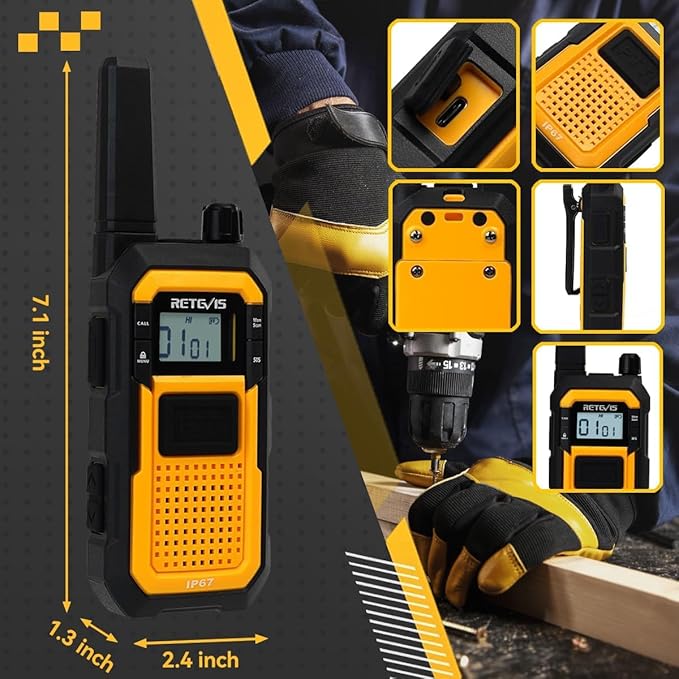 Retevis RB48 Waterproof Walkie Talkies, Heavy Duty Two Way Radio, Advanced Triple Proof, Vibration Call, USB-C, SOS,2000mAh, NOAA, 2 Way Radio(2 Pack) Yellow