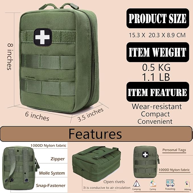 First Aid Kit EMT Medical IFAK Pouch, Molle Tactical Med Emergency Trauma Bag for Camping Home Car Hiking Hunting (Olive Drab)