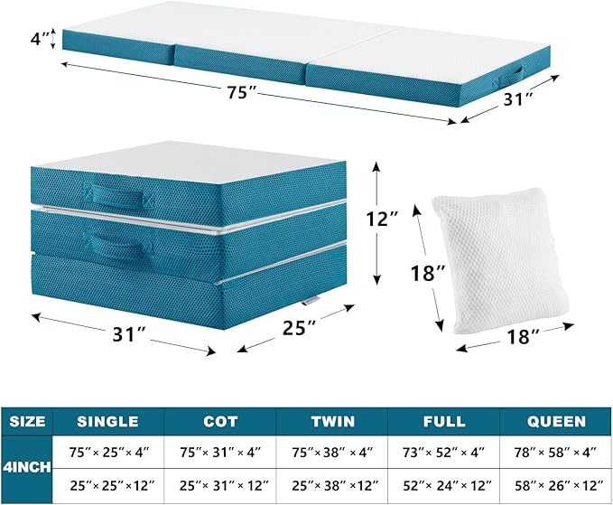 SINWEEK Memory Foam Folding Mattress, 4 Inch Foldable Trifold Mattress Topper, CertiPUR-US Certified Guest Bed with Cooling Cover & Waterproof Lining