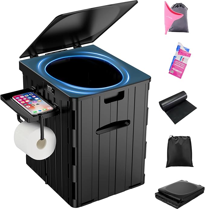 XL Portable Toilet for Adults, 15.4" H Foldable Camping Toilet with Detachable Phone Shelf and Toilet Paper Holder, Waterproof Porta Potty with Lid for Hiking, Long Road Trips, Car