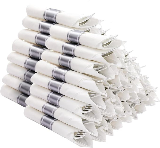 400PCS Pre Rolled Silver Plastic Silverware Sets, Heavy Duty Silver Cutlery, Include 100 Pack Wrapped Disposable Utensils with Napkins for Parties and Weddings