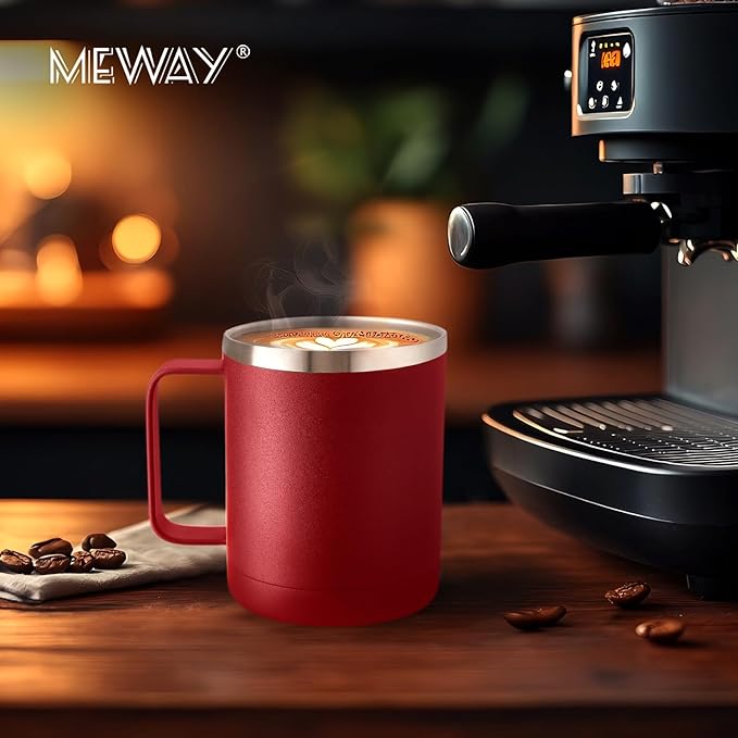 MEWAY 12oz Coffee Mug With Handle 2 Pack Bulk,Stainless Steel Insulated Travel Tumblers With Sliding Lid,Double Wall Vacuum Camping Cup for Hot & Cold Drinks Tea (Red,Set of 2)