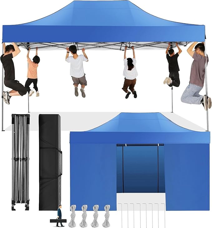 COBIZI 10x15 Pop Up Canopy with 4 Sidewall,Heavy Duty Canopy UPF 50+ All Season Wind Waterproof Commercial Outdoor Wedding Party Tents for Parties Gazebo with Carry Bag(10 x 15 ft Blue)