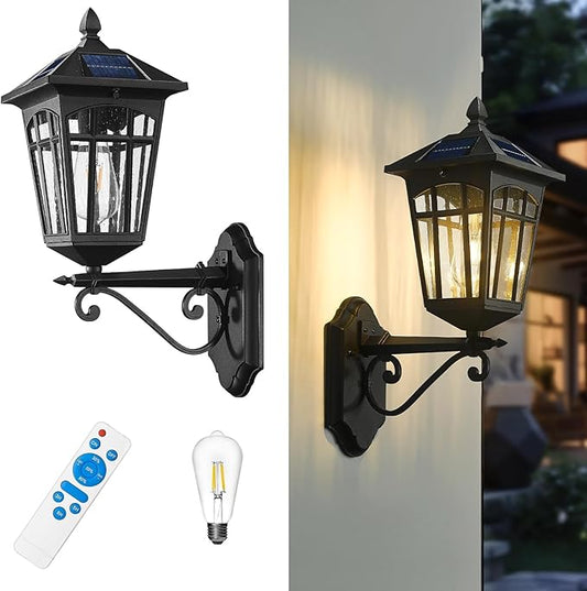 zeyu Outdoor Solar Wall Lantern, 20 Inch Exterior Solar Porch Light with Remote, Die-Cast Aluminum with Seeded Glass Shade, Black Finish, ZYX113B SL BK
