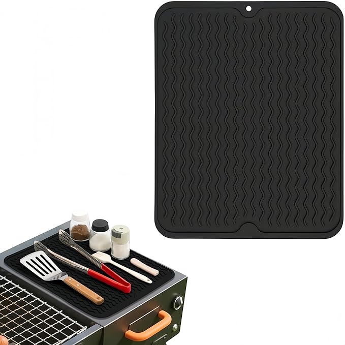 Silicone Grill Mat for Blackstone, Silicone Side Shelf Tool Mat, Outdoor BBQ Spatula Mat, with Drip Pad Kitchen Countertop Heat Resistant Mat, Griddle Accessories (Black)