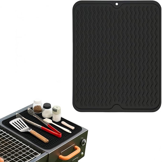 Silicone Grill Mat for Blackstone, Silicone Side Shelf Tool Mat, Outdoor BBQ Spatula Mat, with Drip Pad Kitchen Countertop Heat Resistant Mat, Griddle Accessories (Black)