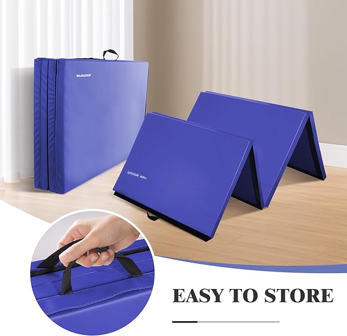 Folding Exercise Gymnastics Mat, 4'x8'x2" Gym Workout Mat with Carrying Handles 4-Fold High-Density Anti-Tear Portable Fitness Aerobics Mat for Home Gym Yoga Pilates Tumbling MMA Core Training