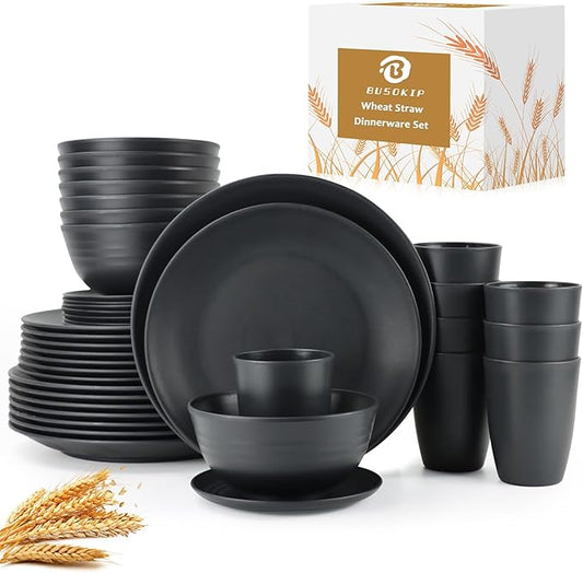 40 Pieces Plates and Bowls Sets, Wheat Straw Dinnerware Sets for 8, Dinner Plates, Cereal Bowls and Drinking Cups, Unbreakable and Reusable Plastic Dinnerware Sets (Black)