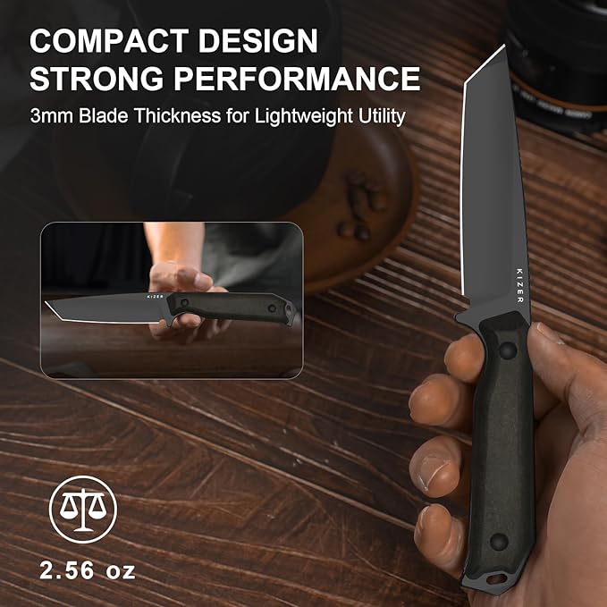 Kizer Begleiter Fix Fixed Blade Knife, 3.74" Tanto 3V Blade Hunting Knives with Kydex Sheath, Brown Richlite Handle EDC Knife for Camping Hunting Survival 1045MT1