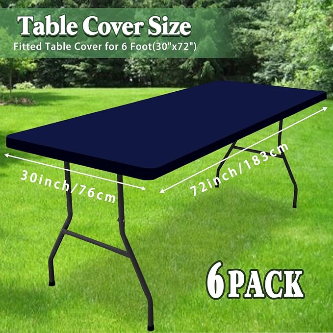 6 Pack Picnic Table Cover Fitted Elastic Tablecloth for 6 Foot Rectangle Tables Waterproof Stretch Washable Folding Indoor and Outdoor Spandex Table Cloth for Parties Camping (Navy Blue,30" x 72")