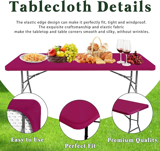 6 Pack Picnic Table Cover Elastic Fitted Outdoor Tablecloths for 8 Foot Rectangle Tables Waterproof Stretch Washable Patio Folding Spandex Table Cloth Camping Banquet Parties (Hot Pink,30" x 96")