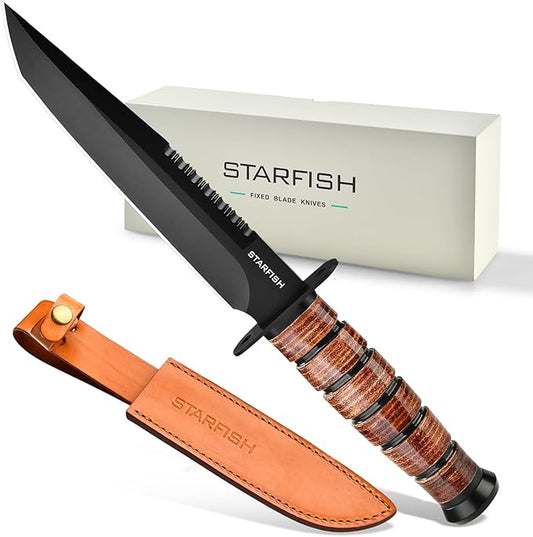 STARFISH Full Tang Fixed Blade Knife, 7.0” DC53 Steel Blade with Black Titanium Coating Hunting Knife with Sheath, Ergonomic Leather Handle Bushcraft Bowie Knives for Camping, Hiking