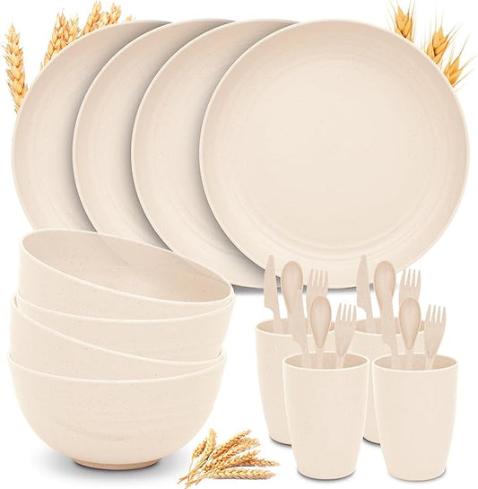 Wheat Straw Dinnerware Sets for 4 - GreenChoice Lightweight & Unbreakable Dishes Microwave & Dishwasher Safe Perfect for Camping, Picnic, RV, Dorm Plates, Cups and Bowls (Beige)