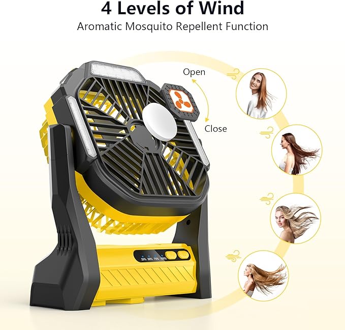 Portable Fan Rechargeable, 20000mAh Cordless Battery Powered Fan with LED Lantern, USB C Battery Operated for Travel Bedroom Home Camping Tent Office Beach Desk Fishing Table Yellow