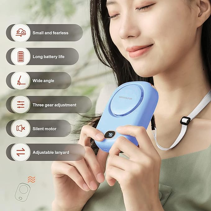 Portable Neck Fan, Mini Small Personal Handheld Fan USB Rechargeable 3 Speed for Girls Boys Woman Eyelash Travel Home Office Outdoor (light blue)