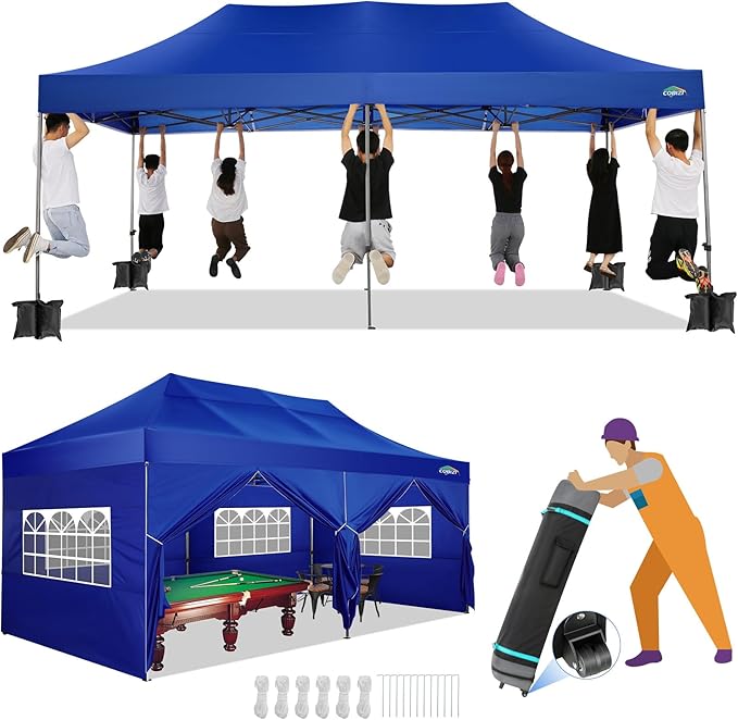 COBIZI 10x20 Canopy with Sidewalls, Heavy Duty Party Tent Pop up carpas para Fiestas, Tents for Parties, Wedding, Outdoor Ez up Foldable Portable Canopy Tent with Wheeled Bag, Navy Blue Upgrade