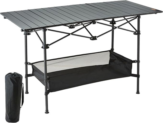 VEVOR Folding Camping Table, Adjustable Height Portable Side Tables, Aluminum MDF Beach Table with Mesh Layer, Carrying Handle, Lightweight Compact for Outdoor Picnic BBQ Cooking (45inch-Black)