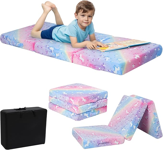 MeMoreCool Glow Rainbow Unicorn Foldable Floor Mattress for Kids, Trifold Nap Mat for Toddlers, Portable Daycare Sleeping Futon or Floor Bed, 57x22 Inch