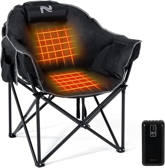 NAIZEA Heated Camping Chair, Oversized Heated Folding Outdoor Chair for Adults with 3 Heat Levels, Portable Foldable Patio Lounge Chair for Sports Outdoors Camp, Power Bank 20000mAh