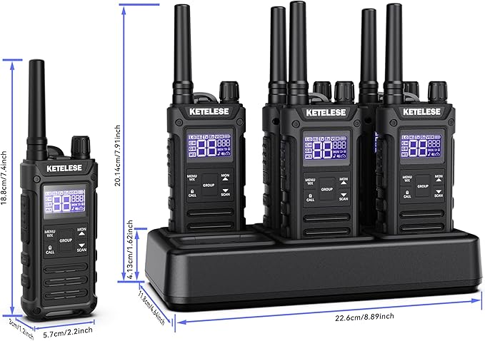 T3G Heavy Duty Walkie Talkies Type-C Rechargeable, IP67 Waterproof 2 Way Radios with Earpiece, Adapter, Dock, PTT Group, NOAA, VOX, 6 Pack Walkie Talkie for Adult Black/Grey