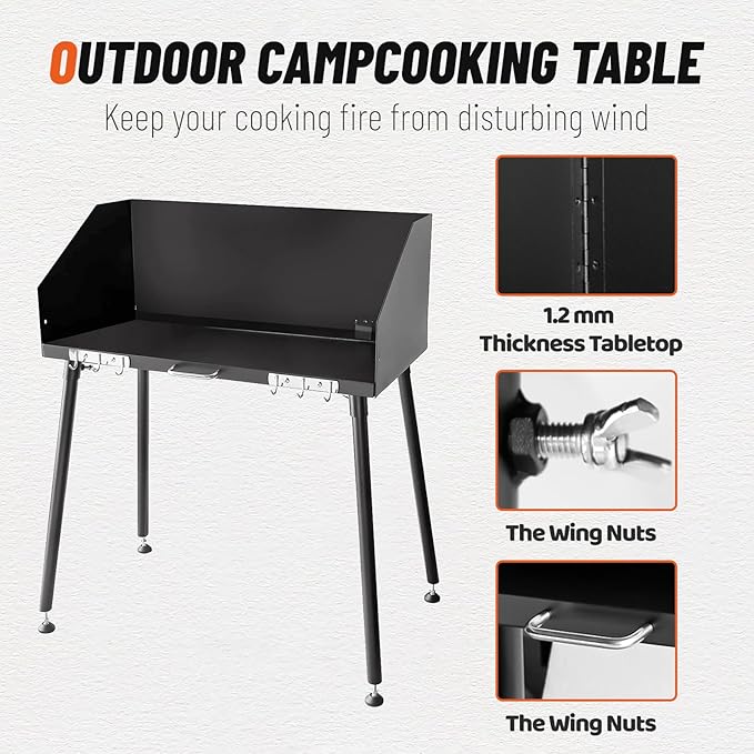 30 Inch Outdoor Camp Cooking Table, with Foldable Three-Sided Windscreen and Legs for Dutch Oven Cooking and Food Preparation with Charcoal Briquettes