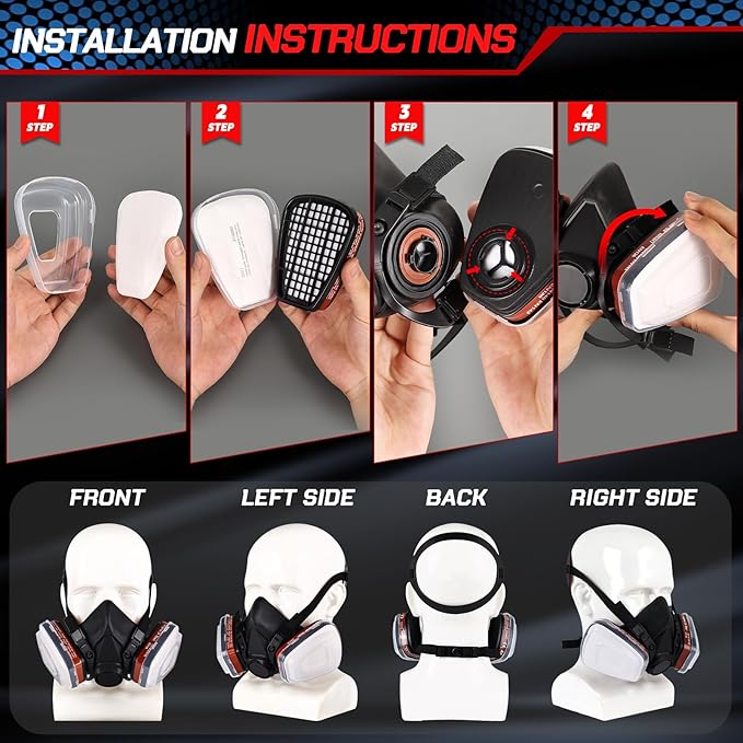 Half Facepiece Respirator Mask with Filters - Gas Mask for Chemicals, Paint, Dust, Formaldehyde, Sanding, Polishing, Woodworking, Organic Vapors, Epoxy Resin (Black)