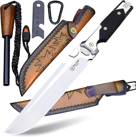 BA-KOR 14.3 inch All-Tang 9CR18MOV Hunting Survival knife + sheath,&（5.9in） Drilled Flint Fire Starter ， stainless steel +G10 handle camping knife, multi-purpose EDC tool knife ﻿