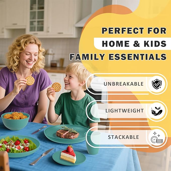 Wheat Straw Dinnerware Sets, 32 PCS Dishes Set for 8, Unbreakable Plates and Bowls Sets, Microwave Safe Dinnerware Set for Kitchen Outdoor Camping RV - Green