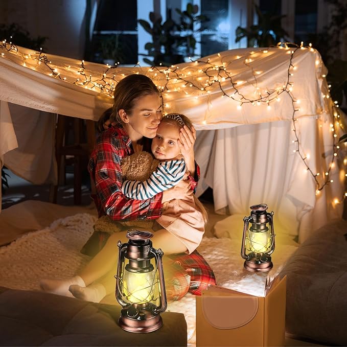 4 Pcs LED Vintage Lanterns Battery Operated Warm White Old Hurricane Lantern Antique Metal Hanging LED Lamp with Dimmer Switch for Indoor Table Outdoor Christmas Halloween(Bronze)