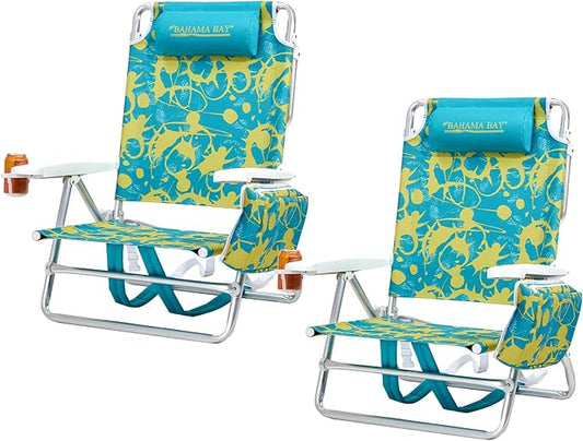 Reclining Beach Chair Backpack 5-Position Lay Flat Lounge Chair for Adults Heavy Duty Portable Folding Lightweight with Cooler Bag Camping Chair for Sand Outdoor