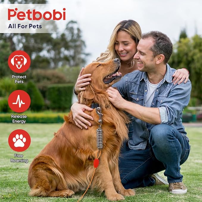 Petbobi Dog Tie-Out Cable and Stake - 30ft Heavy Duty Cable with Spring, No Tangle, 16in Ground Stake, Ideal for Yard, Camping and Beach, Suitable for Small Medium Large Dogs Up to 120 lbs, Orange