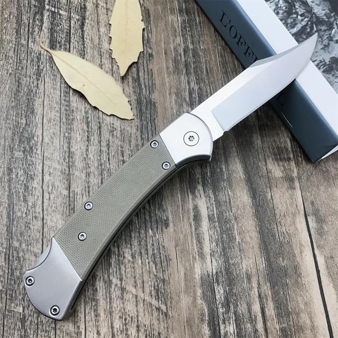 push button assisted opening Folding Knife,440C Stainless Steel Blade, Backlock G10 Handle with Leather Sheath, EDC Pocket Knives for Men (Khaki)
