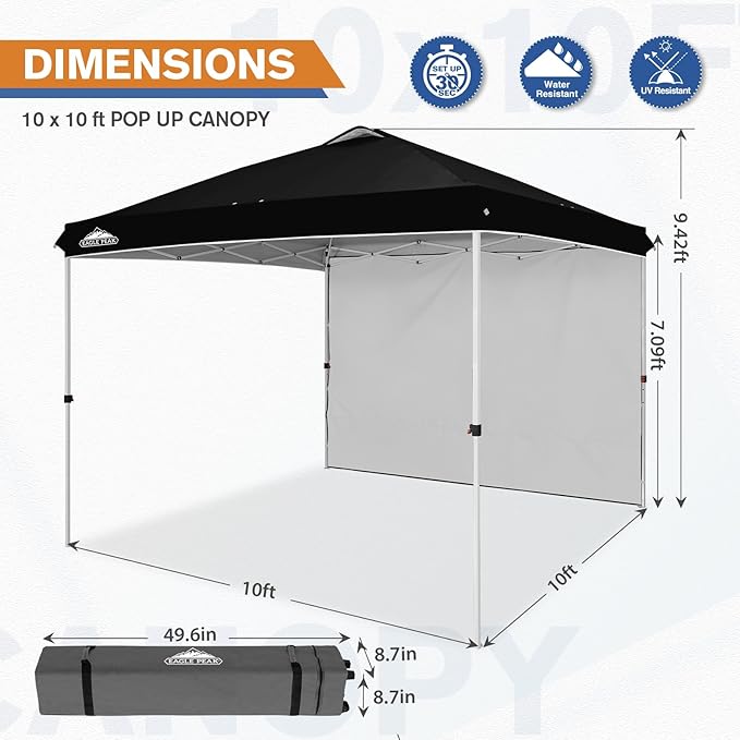 EAGLE PEAK Pop Up Canopy Tent with 1 Sidewall, Easy Setup Event Tent, Outdoor Sun Shade, Wheeled Carry Bag, Stakes and Guy Ropes, Instant Canopy 10x10, Black