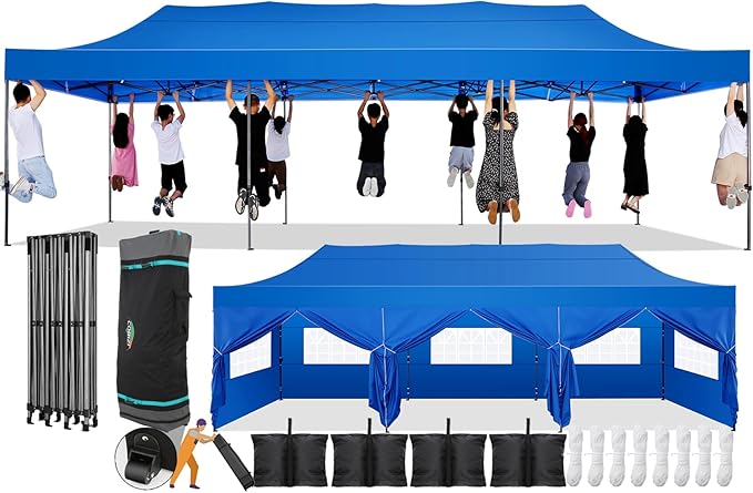 COBIZI 10x30 Pop Up Canopy with 8 Sidewall,Heavy Duty Canopy UPF 50+ All Season Wind Waterproof Commercial Outdoor Wedding Party Tents for Parties Canopy Gazebo with Roller Bag(10 x 30 ft Blue)