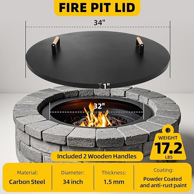 G GOOD GAIN Firepit Lid Round 34 Inch - Rust Resistant Fire Pit Lid Cover with Wooden Handle & Gloves, Fire Pit Snuffer Lid for Courtyards, Patio, Winter Cold Protection. Fits Fire Pits Up to 32"