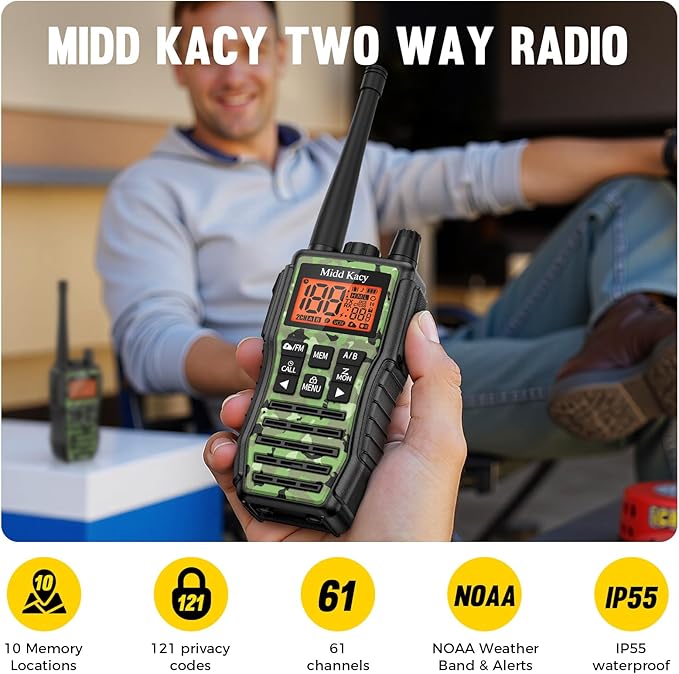 Midd Kacy MK208 Camo Walkie Talkie - Long Range walkie talkies - 61 Channels Gmrs Handheld Radio -121 Privacy Codes,New Flashlight,SOS Siren,NOAA Weather Alerts & Scan - Camouflage,2 Pack