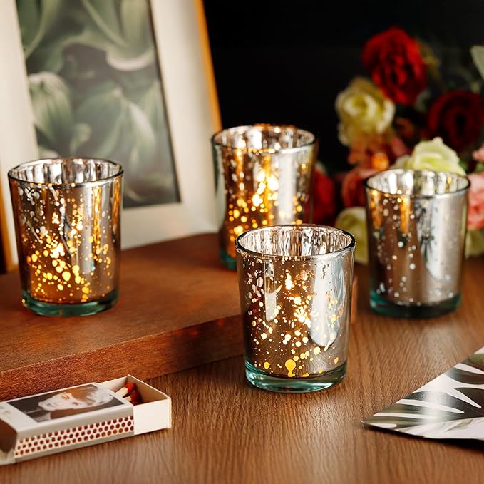 36 Pcs Silver Votive Candle Holders,Mercury Glass Candle Holder,Tealight Candle Holders Bulk for Wedding Holiday Centerpiece Table Party Home Valentines Day Decor