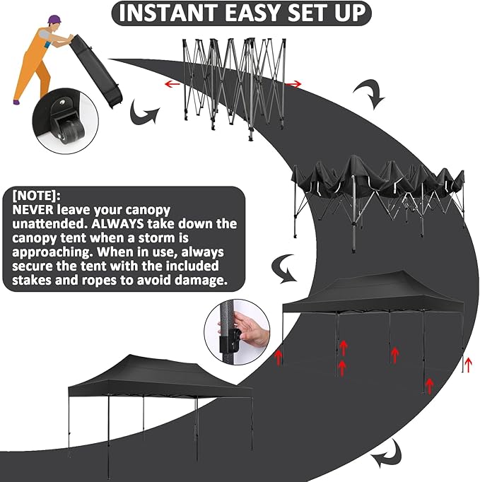 COBIZI 10x20 Pop Up Canopy Without Sidewall,Heavy Duty Canopy UPF 50+ All Season Wind Waterproof Commercial Outdoor Wedding Party Tents for Parties Canopy Gazebo with Roller Bag(10 x 20 ft Black)