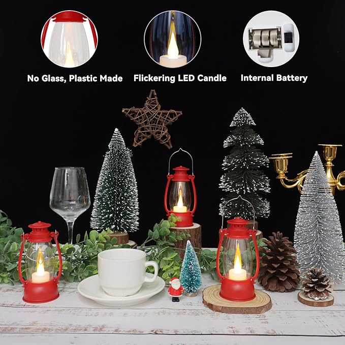 12Pcs Red Mini Lanterns for Centerpiece – Vintage Lantern Decor for Christmas, Halloween, Weddings & Western Party – Hanging Ornaments Bulk with Flicker LED Candle for Cowgirl, Camping Decor