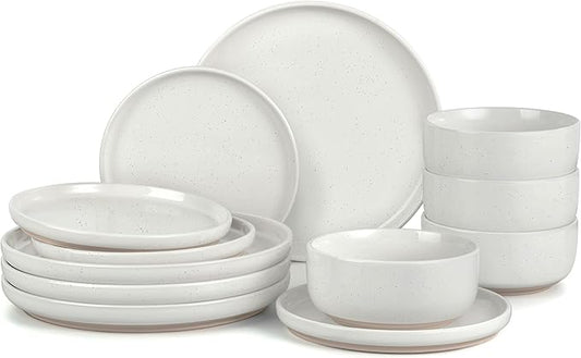 LIANYU Dinnerware Sets, 12 Piece Plates and Bowls Set for 4, Ceramic Dishware Dishes Set, Scratch Resistant Kitchen and Dining Stoneware Plates, Microwave & Dishwasher Safe, Snowy White