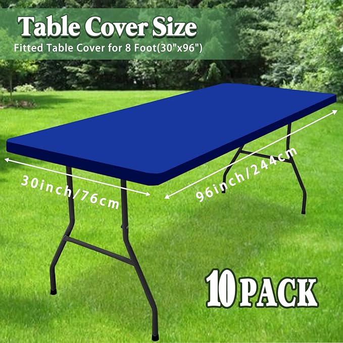 Picnic Table Cover 10 Pack Elastic Fitted Tablecloths for 8 Foot Rectangle Tables Waterproof Stretch Washable Patio Folding Outdoor Spandex Table Cloth Camping Banquet Parties (Royal Blue,30" x 96")
