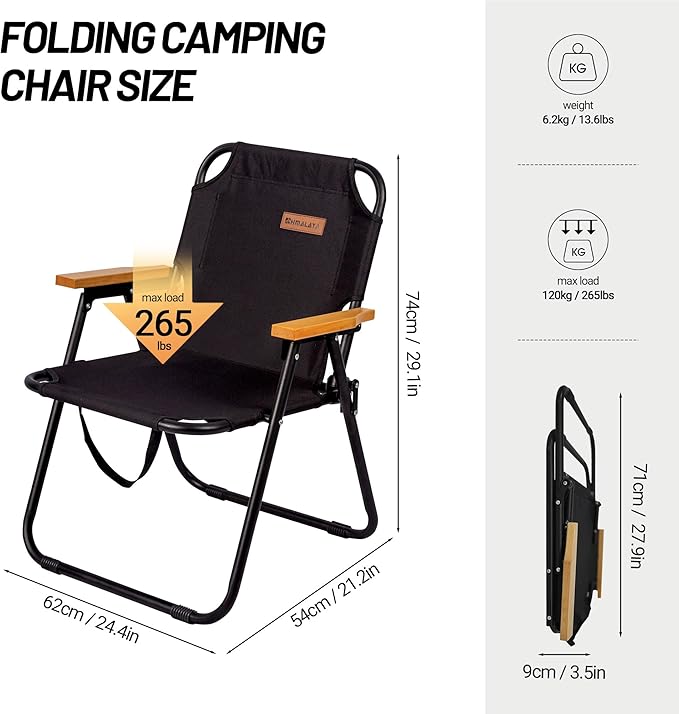 Camping Chair, Black Folding Bench Chair Seating Camp Chairs for Indoor Outdoor Hiking Fishing Patio Beach Supports up to 264 Lbs (2 Packs Single Black)