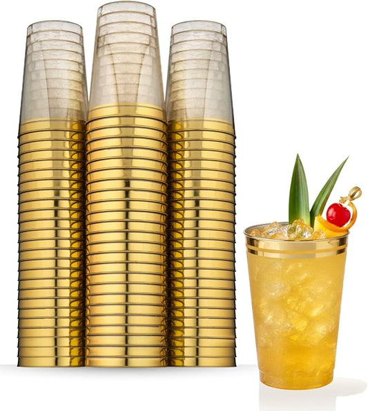 Perfect Settings 100 Premium 12oz Hard Plastic Cups Clear Glitter Gold Plastic Double Colored Rimmed Cups Fancy Disposable Wedding Cups Elegant Party Cups with Twin Colored Rim (Glitter Gold Rim, 12)