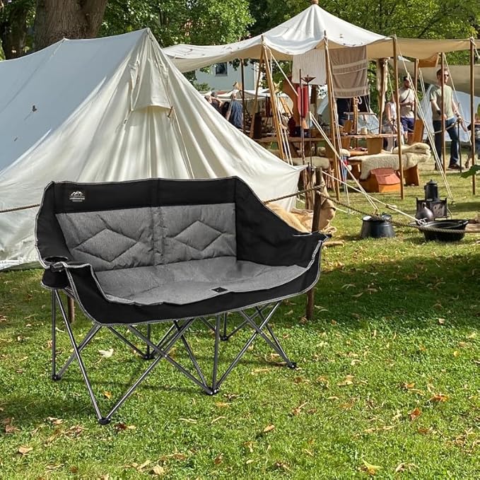 Folding Loveseat Camping Chair,Portable Double Chair w/Cup Holder,Wine Glass Holder,Carry Bag Heavy Duty Lawn Chair for 2 Adults,Perfect for Camp,Hiking,Picnics and Beach Trips,Black