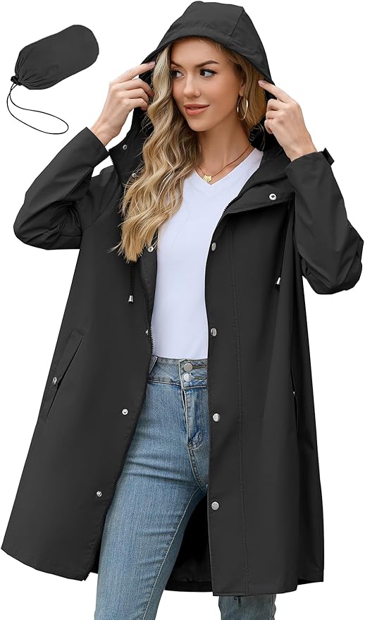 Zando Long Packable Rain Jacket Women Waterproof - Raincoat for Women Rain Coat with Hood Lightweight Outdoor Windbreaker