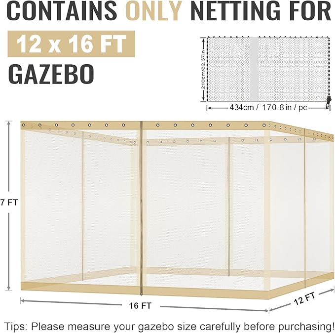 COWVIE Gazebo Replacement Netting Screen, 12' x 16' Universal Gazebo 4-Panel Mosquito Sidewalls with Double Zippers for Outdoor Patio (Only Netting)