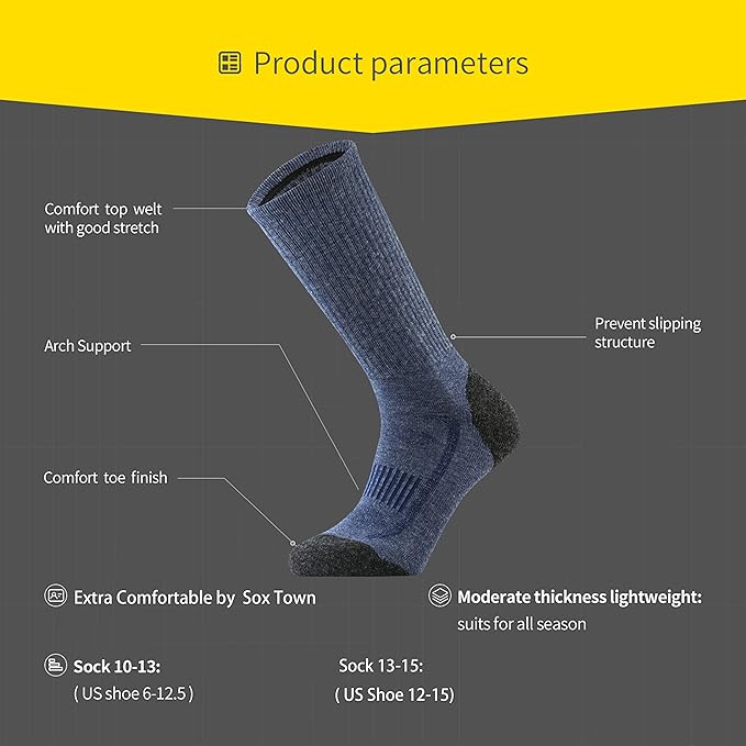 SOX TOWN Men's Merino Wool Cushion Crew Socks for Outdoor Hiking Hike Trail Performance Moisture Wicking Lightweight Summer