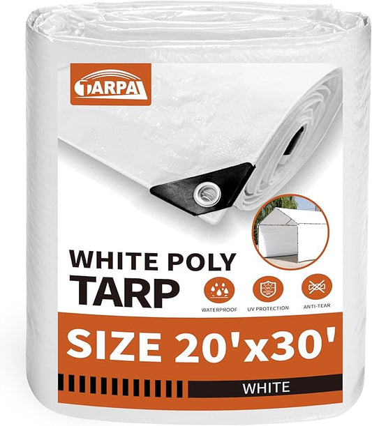 TARPAL 20'x30' White Tarp Waterproof 7.5 mil Medium Duty All Purpose Poly Tarps Cover Waterproof,Snow Proof UV Protection,Rip and Tear Proof,Poly Tarpaulin
