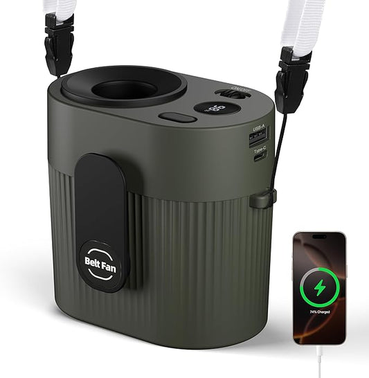 CIVPOWER Portable Waist Clip Fan: 20000 RPM Turbo Cooling - Rechargeable 8000 mAh Battery and LED Display - 5 Speed Belt Fan on Shirt for Outdoor/Jobsite/Camping/Travel (Green)